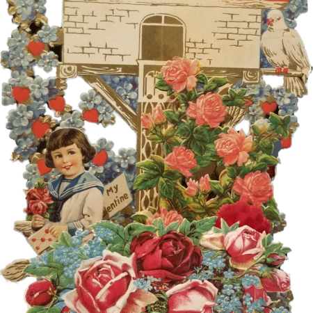 Edwardian die cut Valentine girl with roses and doves