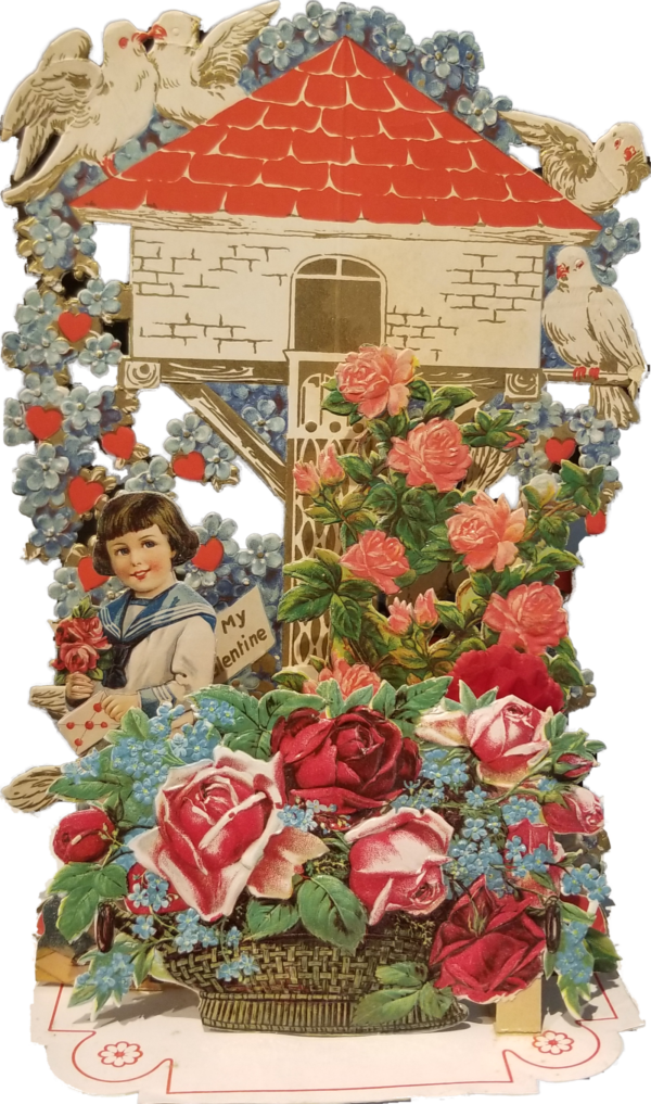 Edwardian die cut Valentine girl with roses and doves