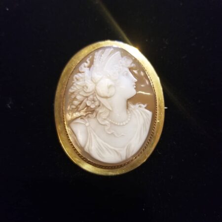 Antique large oval cameo brooch woman with flowers in her hair