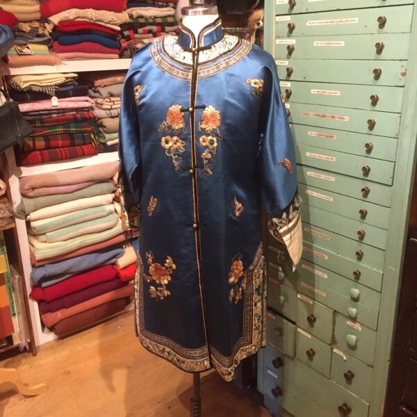 Chinese Blue Silk Satin Embroidered Robe