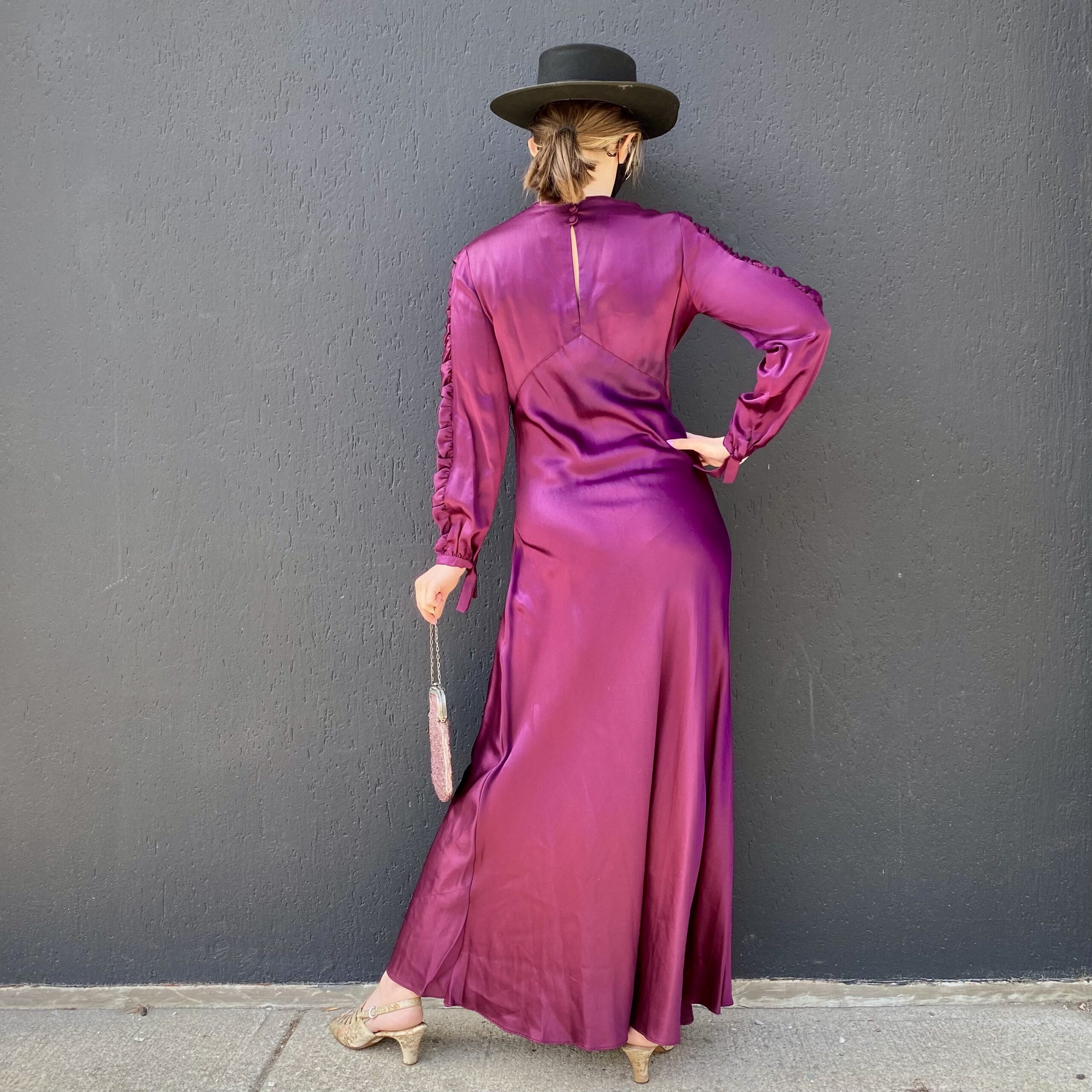 1930s purple magenta satin long dress gown