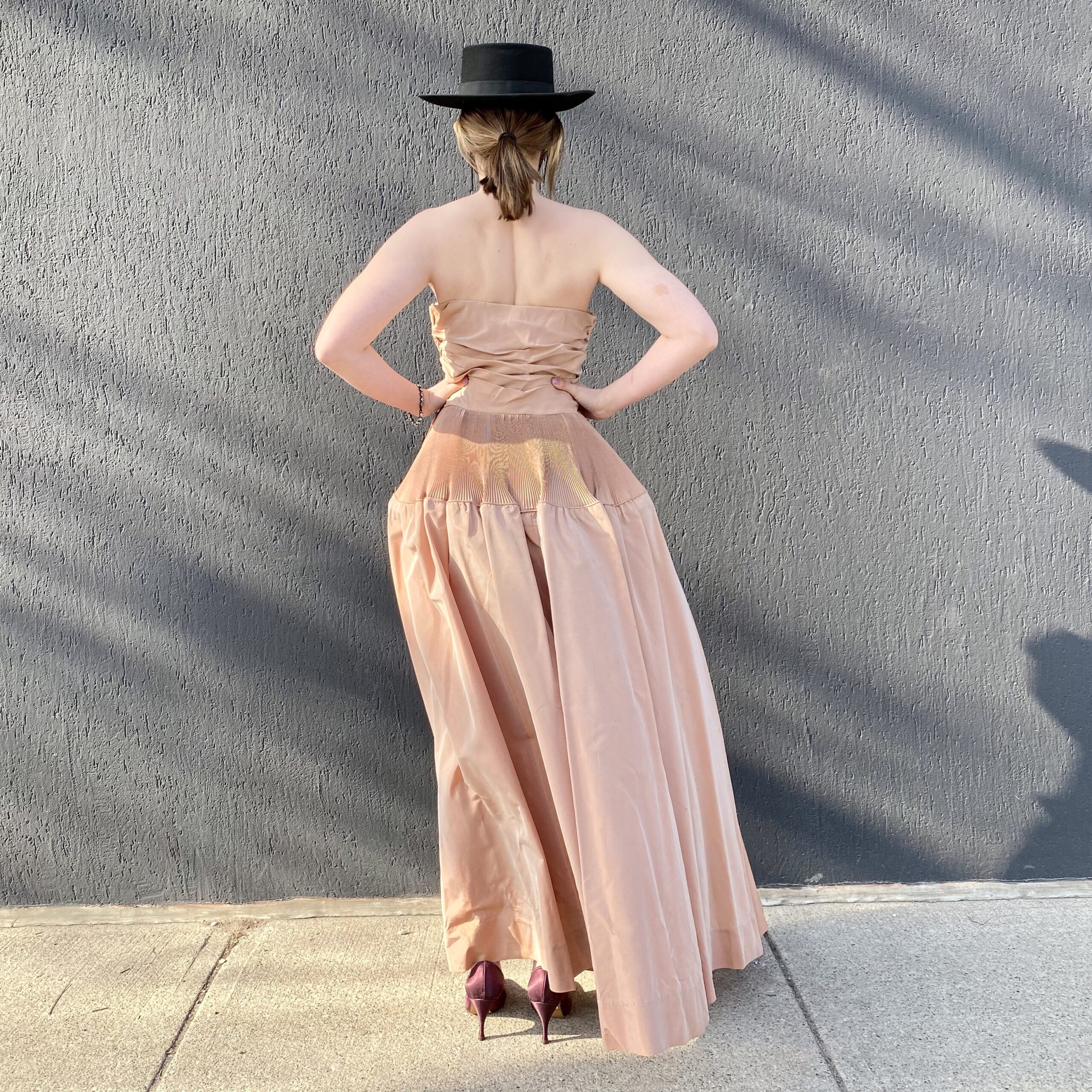 pink accordian pleated dress gown