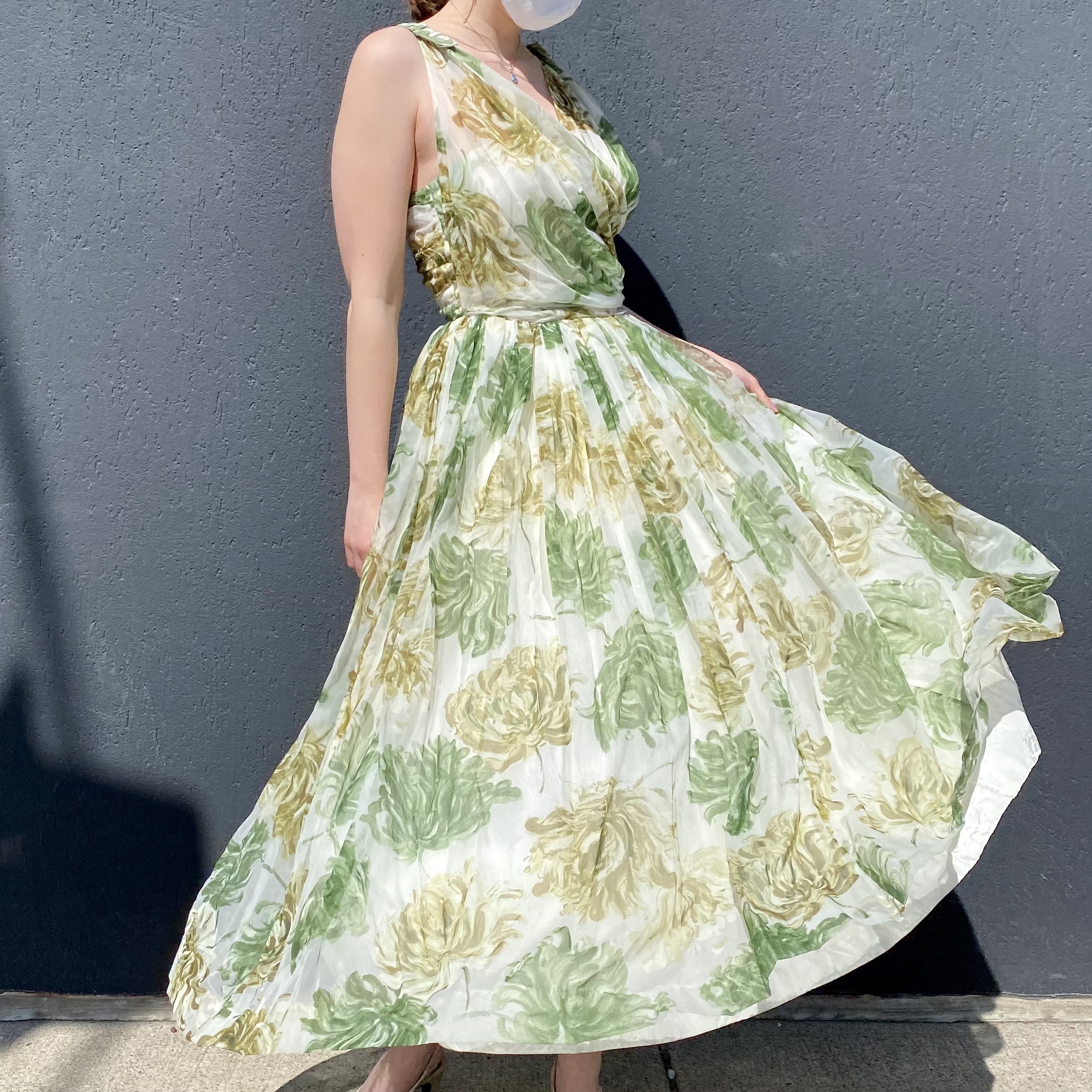 green and white nylon prom dress twirl