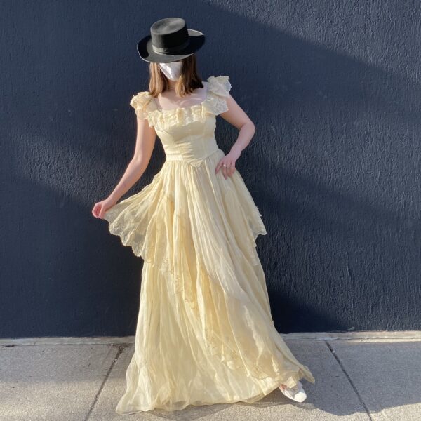 1940s yellow ruffled organza prom dress gown