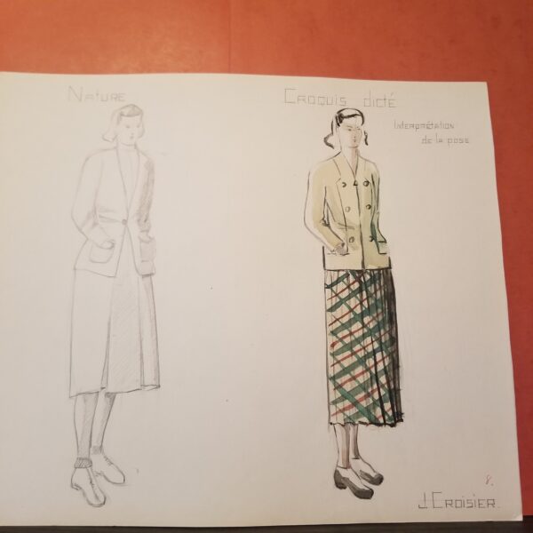 1940s fashion illustration plaid skirt