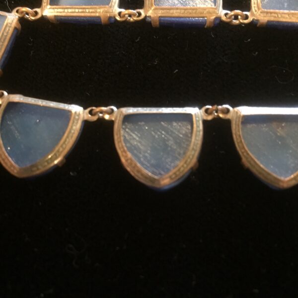 Art deco blue glass necklace closeup