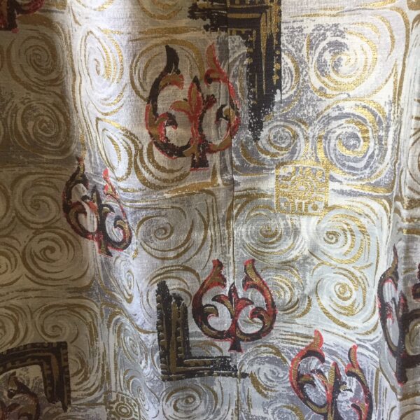 Vintage Bark cloth style fabric pair of curtains and valance. Panels are each 42” wide by 74” long.