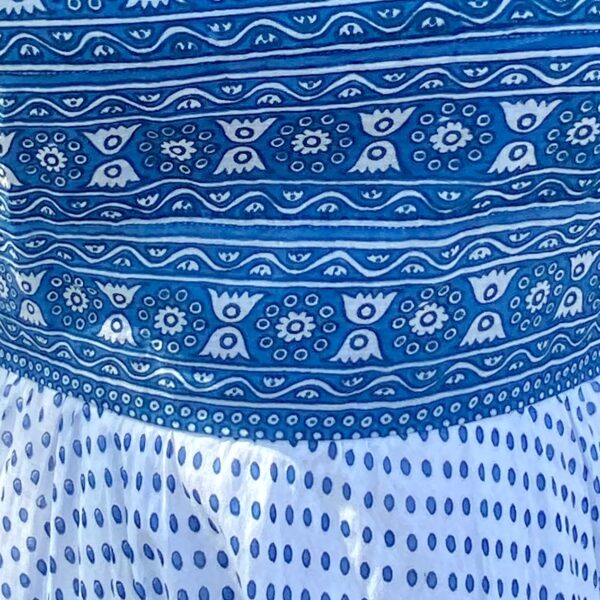 Closeup of Blue Print Cotton Maxi Dress