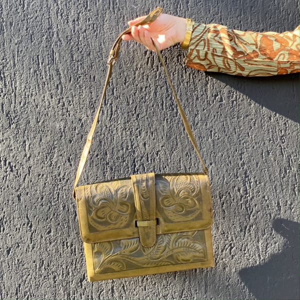 Mexican olive colored tooled leather bag