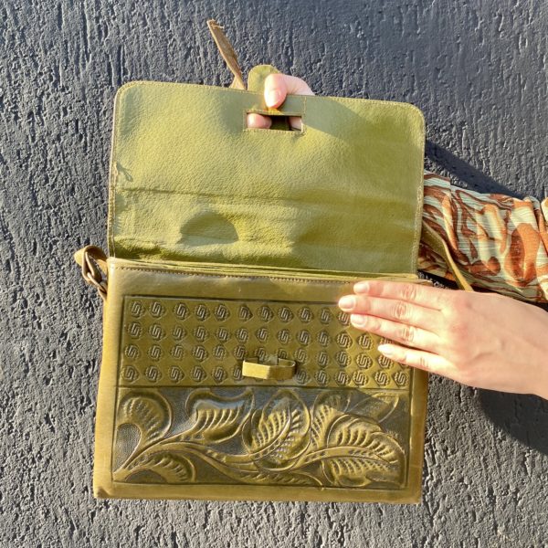 Mexican olive colored tooled leather shoulder bag
