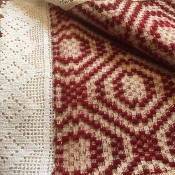 Overshot coverlet with crocheted edging