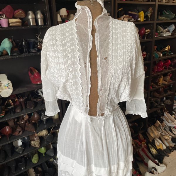 Edwardian tea dress in eyelet cotton and lace