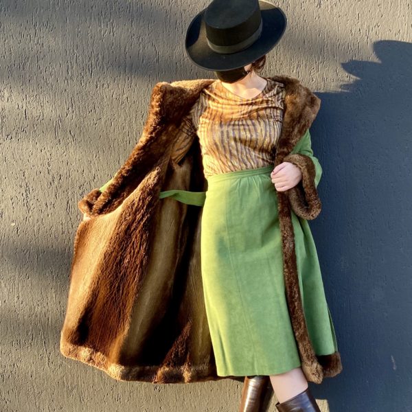 Green Suede Fur-lined coat and skirt set