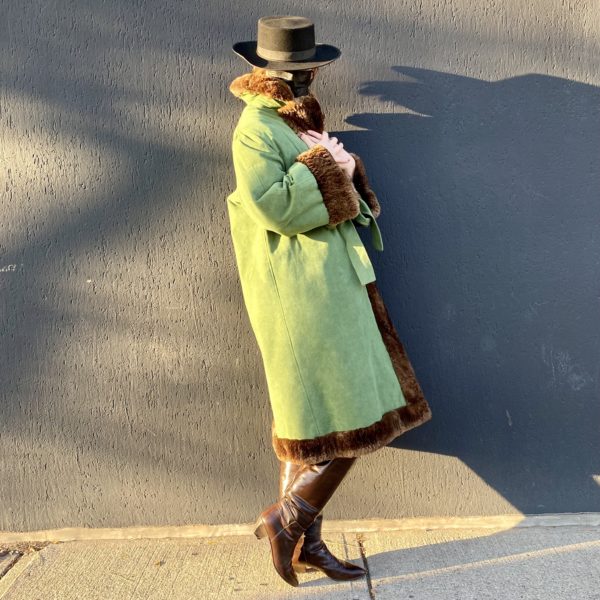 Green Suede Fur-lined coat and skirt set