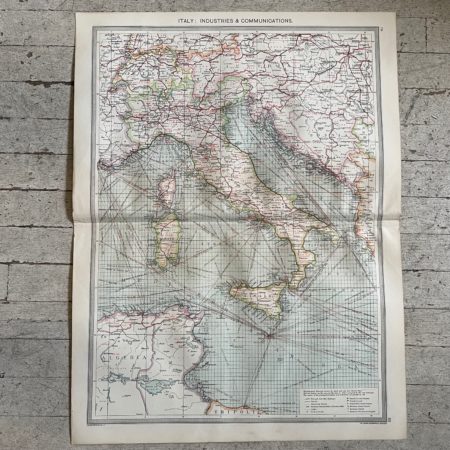 1906 Map Italy industries and communication from the Harmsworth Universal Atlas