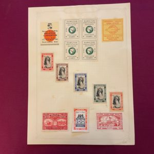 Page of stamps and labels celebrating stamp shows WWI to 1940’s.