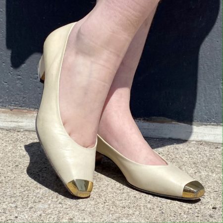 1990's Vintage Ivory Leather Prada Gold Tipped Pumps