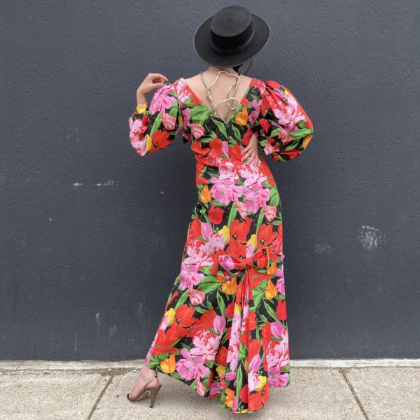 Bespoke Floral Fishtail Gown Vintage 1980's Puff Sleeve