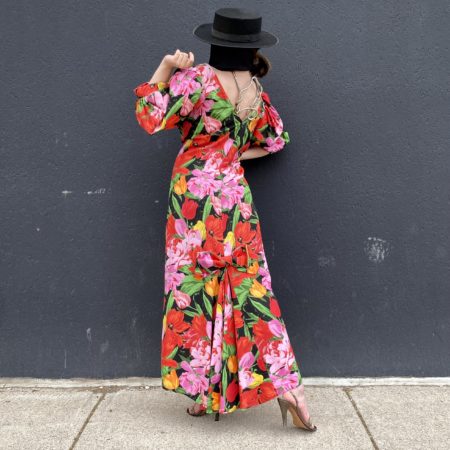 Bespoke Floral Fishtail Gown Vintage 1980's Puff Sleeve