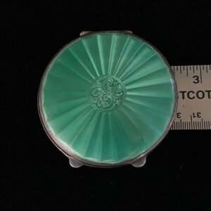 Green Guilloche and sterling silver compact showing measurement