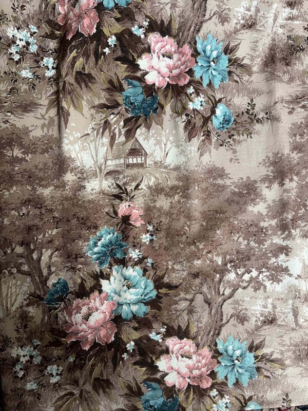 scenic floral with woodland meadow, well, roses: turquoise blue, pink, metallic gold on beige & cream backdro
