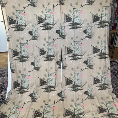 1950's curtains with repeating atomic garden lattice pattern