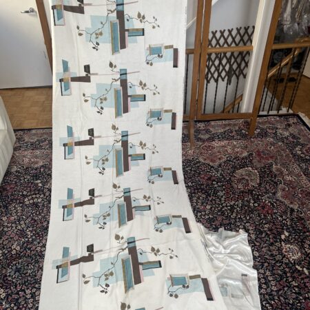 1950's curtain with repeating branch and geometric shapes print