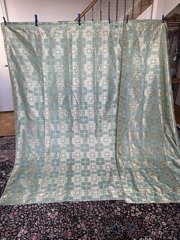 vintage curtains with gold green jacquard pattern